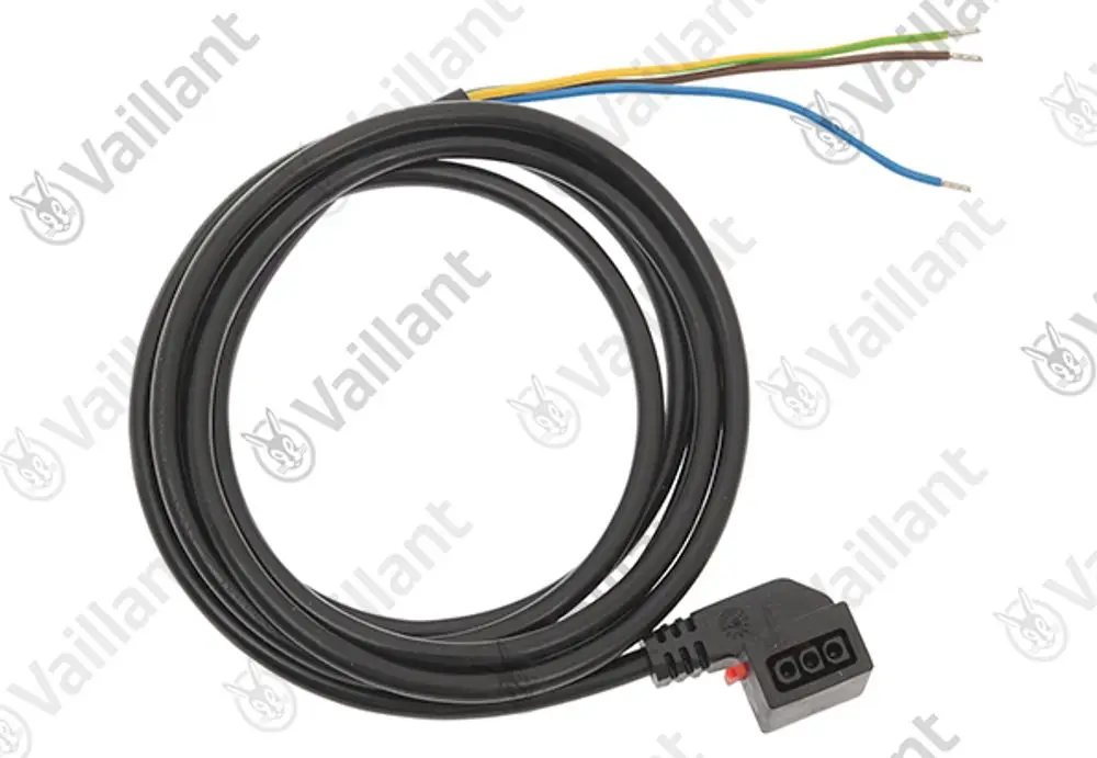 Schwarzes Kabel von Vaillant mit vier Anschlussdrähten (blau, grün, gelb) und einem Stecker, geeignet für Heizungs- oder andere technische Anwendungen.